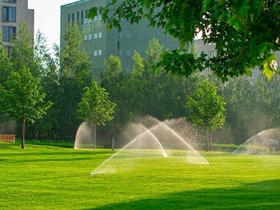 Sprinklers watering commercial lawn
